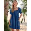 imageWomen Summer Mini Dress Casual Puff Short Sleeve Square Neck Flowy Ruffle A Line Smocked Short Beach Dresses PocketsBlue