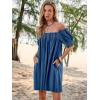 imageWomen Summer Mini Dress Casual Puff Short Sleeve Square Neck Flowy Ruffle A Line Smocked Short Beach Dresses PocketsBlue