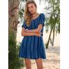 imageWomen Summer Mini Dress Casual Puff Short Sleeve Square Neck Flowy Ruffle A Line Smocked Short Beach Dresses PocketsBlue