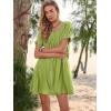 imageWomen Summer Mini Dress Casual Puff Short Sleeve Square Neck Flowy Ruffle A Line Smocked Short Beach Dresses PocketsGreen