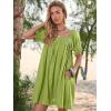 imageWomen Summer Mini Dress Casual Puff Short Sleeve Square Neck Flowy Ruffle A Line Smocked Short Beach Dresses PocketsGreen