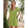 imageWomen Summer Mini Dress Casual Puff Short Sleeve Square Neck Flowy Ruffle A Line Smocked Short Beach Dresses PocketsGreen