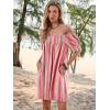 imageWomen Summer Mini Dress Casual Puff Short Sleeve Square Neck Flowy Ruffle A Line Smocked Short Beach Dresses PocketsPink