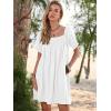 imageWomen Summer Mini Dress Casual Puff Short Sleeve Square Neck Flowy Ruffle A Line Smocked Short Beach Dresses PocketsWhite