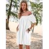imageWomen Summer Mini Dress Casual Puff Short Sleeve Square Neck Flowy Ruffle A Line Smocked Short Beach Dresses PocketsWhite
