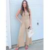 imageWomens Smocked Jumpsuits Casual Loose Sleeveless Wide Leg Long Pant Rompers Dressy One Piece Beach Vacation OutfitsLight Khaki