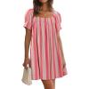 imageWomen Summer Mini Dress Casual Puff Short Sleeve Square Neck Flowy Ruffle A Line Smocked Short Beach Dresses PocketsPink