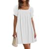 imageWomen Summer Mini Dress Casual Puff Short Sleeve Square Neck Flowy Ruffle A Line Smocked Short Beach Dresses PocketsWhite