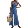 imageWomens Smocked Jumpsuits Casual Loose Sleeveless Wide Leg Long Pant Rompers Dressy One Piece Beach Vacation OutfitsBlue