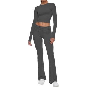 imageAnotherChill Womens 2 Piece Lounge Sets Foldover Flare Pants Set Long Sleeve Cropped Top Casual Outfits PajamasDarkgrey
