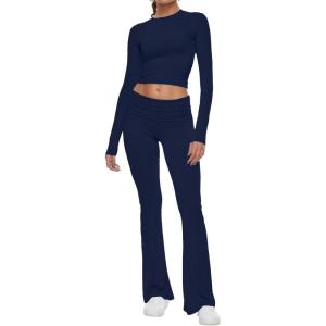 imageAnotherChill Womens 2 Piece Lounge Sets Foldover Flare Pants Set Long Sleeve Cropped Top Casual Outfits PajamasNavyblue