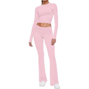 imageAnotherChill Womens 2 Piece Lounge Sets Foldover Flare Pants Set Long Sleeve Cropped Top Casual Outfits PajamasPink
