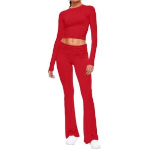 imageAnotherChill Womens 2 Piece Lounge Sets Foldover Flare Pants Set Long Sleeve Cropped Top Casual Outfits PajamasRed