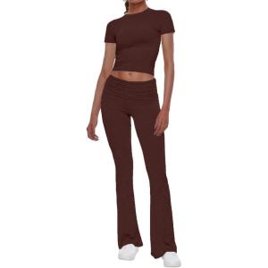 imageAnotherChill Womens 2 Piece Lounge Sets Foldover Flare Pants Set Short Sleeve Crop Top Casual Outfits Comfy LoungewearChocolate