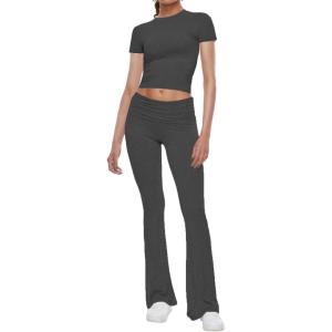 imageAnotherChill Womens 2 Piece Lounge Sets Foldover Flare Pants Set Short Sleeve Crop Top Casual Outfits Comfy LoungewearDarkgrey