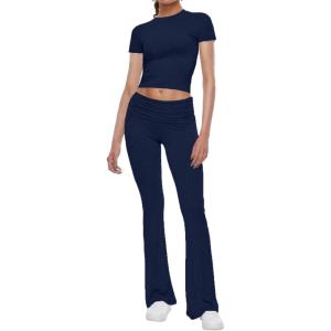 imageAnotherChill Womens 2 Piece Lounge Sets Foldover Flare Pants Set Short Sleeve Crop Top Casual Outfits Comfy LoungewearNavyblue