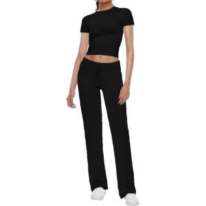 imageAnotherChill Womens 2 Piece Lounge Sets Straight Leg Pants Set Short Sleeve Crop Tshirt Casual Outfits Comfy LoungewearBlack