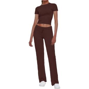 imageAnotherChill Womens 2 Piece Lounge Sets Straight Leg Pants Set Short Sleeve Crop Tshirt Casual Outfits Comfy LoungewearChocolate