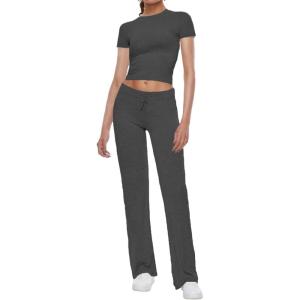 imageAnotherChill Womens 2 Piece Lounge Sets Straight Leg Pants Set Short Sleeve Crop Tshirt Casual Outfits Comfy LoungewearDarkgrey