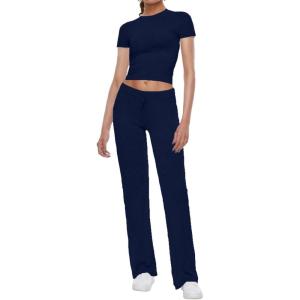 imageAnotherChill Womens 2 Piece Lounge Sets Straight Leg Pants Set Short Sleeve Crop Tshirt Casual Outfits Comfy LoungewearNavyblue