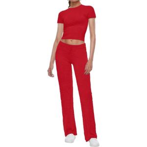 imageAnotherChill Womens 2 Piece Lounge Sets Straight Leg Pants Set Short Sleeve Crop Tshirt Casual Outfits Comfy LoungewearRed