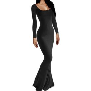 imageAnotherChill Womens Casual Lounge Slip Long Dress Sexy Long Sleeve Backless Bodycon Maxi Dresses 2023 Fall Slim ElegantBlack