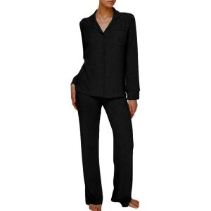 imageAnotherChill Womens Pajamas Set Long Sleeve Button Down Ribbed Knit 2 Piece Sleep Sets Loungewear Soft PjsBlack