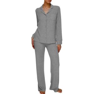 imageAnotherChill Womens Pajamas Set Long Sleeve Button Down Ribbed Knit 2 Piece Sleep Sets Loungewear Soft PjsDarkgrey