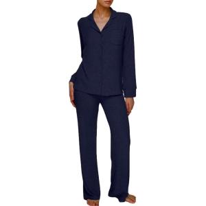 imageAnotherChill Womens Pajamas Set Long Sleeve Button Down Ribbed Knit 2 Piece Sleep Sets Loungewear Soft PjsNavyblue