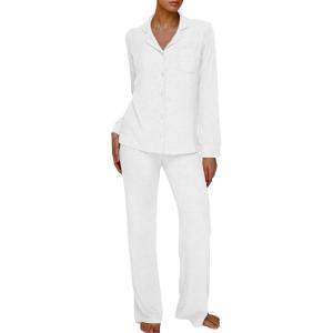 imageAnotherChill Womens Pajamas Set Long Sleeve Button Down Ribbed Knit 2 Piece Sleep Sets Loungewear Soft PjsWhite
