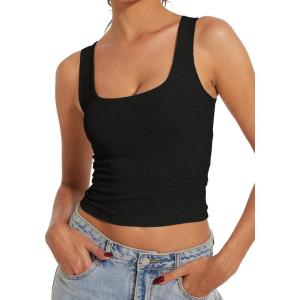 imageAnotherChill Womens Ribbed Crop Tank Tops Scoop Neck High Back Basic Sleeveless Rib Shirt Summer Athletic TopBlack