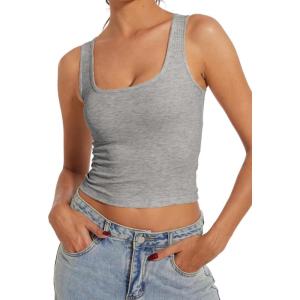 imageAnotherChill Womens Ribbed Crop Tank Tops Scoop Neck High Back Basic Sleeveless Rib Shirt Summer Athletic TopHeather Grey