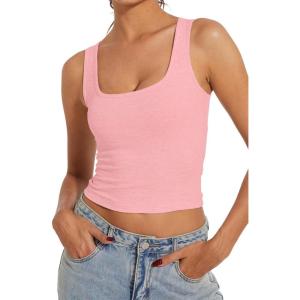 imageAnotherChill Womens Ribbed Crop Tank Tops Scoop Neck High Back Basic Sleeveless Rib Shirt Summer Athletic TopPink
