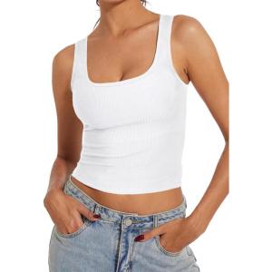 imageAnotherChill Womens Ribbed Crop Tank Tops Scoop Neck High Back Basic Sleeveless Rib Shirt Summer Athletic TopWhite