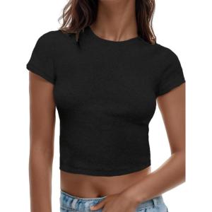 imageAnotherChill Womens Short Sleeve Crew Neck TShirts Ribbed Cotton Crop Top Y2K Summer Going Out Tops Baby Tee Outfits 2024Black
