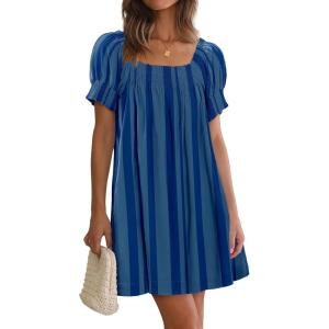 imageWomen Summer Mini Dress Casual Puff Short Sleeve Square Neck Flowy Ruffle A Line Smocked Short Beach Dresses PocketsBlue