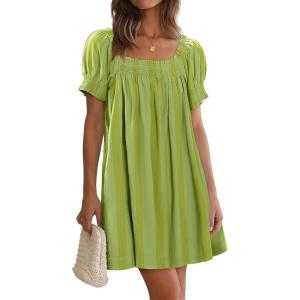 imageWomen Summer Mini Dress Casual Puff Short Sleeve Square Neck Flowy Ruffle A Line Smocked Short Beach Dresses PocketsGreen