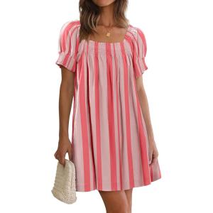 imageWomen Summer Mini Dress Casual Puff Short Sleeve Square Neck Flowy Ruffle A Line Smocked Short Beach Dresses PocketsPink