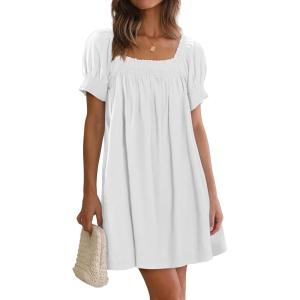 imageWomen Summer Mini Dress Casual Puff Short Sleeve Square Neck Flowy Ruffle A Line Smocked Short Beach Dresses PocketsWhite