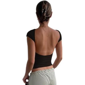 imageWomens Backless TShirts Y2K Crop Top Solid Casual Short Sleeve Sexy Vintage Cut Out 2023 Summer FashionBlack