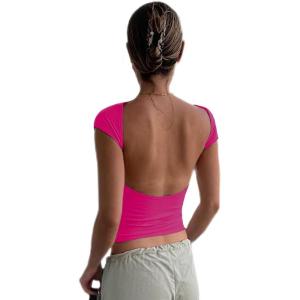 imageWomens Backless TShirts Y2K Crop Top Solid Casual Short Sleeve Sexy Vintage Cut Out 2023 Summer FashionHotpink