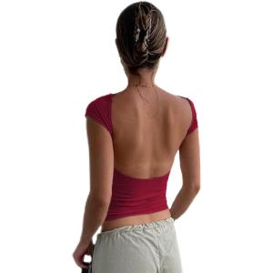 imageWomens Backless TShirts Y2K Crop Top Solid Casual Short Sleeve Sexy Vintage Cut Out 2023 Summer FashionRed