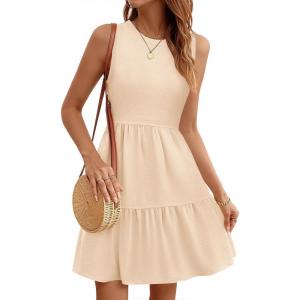 imageWomens Sleeveless Summer Mini Dress Tank Flowy Tiered Short A Line Sundresses Beach Vacation Dresses with PocketsBeige
