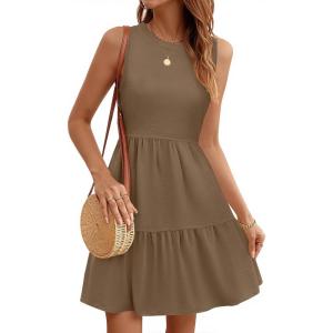 imageWomens Sleeveless Summer Mini Dress Tank Flowy Tiered Short A Line Sundresses Beach Vacation Dresses with PocketsBrown