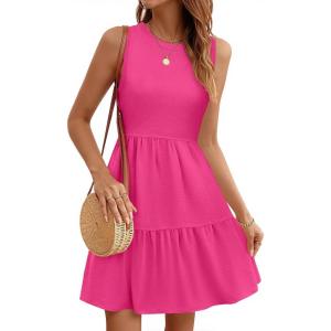imageWomens Sleeveless Summer Mini Dress Tank Flowy Tiered Short A Line Sundresses Beach Vacation Dresses with PocketsHot Pink