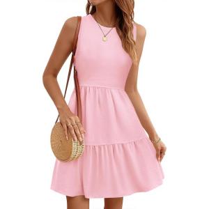 imageWomens Sleeveless Summer Mini Dress Tank Flowy Tiered Short A Line Sundresses Beach Vacation Dresses with PocketsPink
