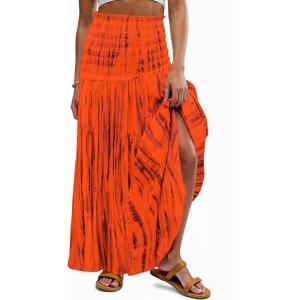 imageWomens Smocked Floral Maxi Skirts 2025 Summer Tube Dresses Flowy Boho Long A line Pleated Beach SkirtOrange