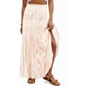 imageWomens Smocked Floral Maxi Skirts 2025 Summer Tube Dresses Flowy Boho Long A line Pleated Beach SkirtWhite