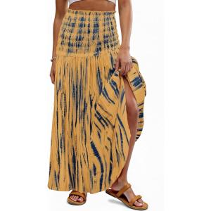 imageWomens Smocked Floral Maxi Skirts 2025 Summer Tube Dresses Flowy Boho Long A line Pleated Beach SkirtYellow