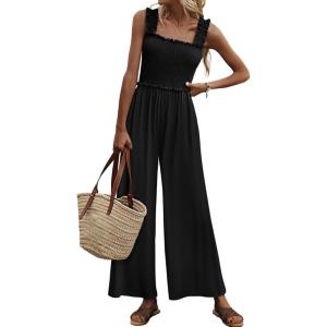 imageWomens Smocked Jumpsuits Casual Loose Sleeveless Wide Leg Long Pant Rompers Dressy One Piece Beach Vacation OutfitsBlack